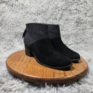 Toms Lacy Women Size 10 Block Heel Black Suede Gray Wool Comfy Boho Bootie Boots
